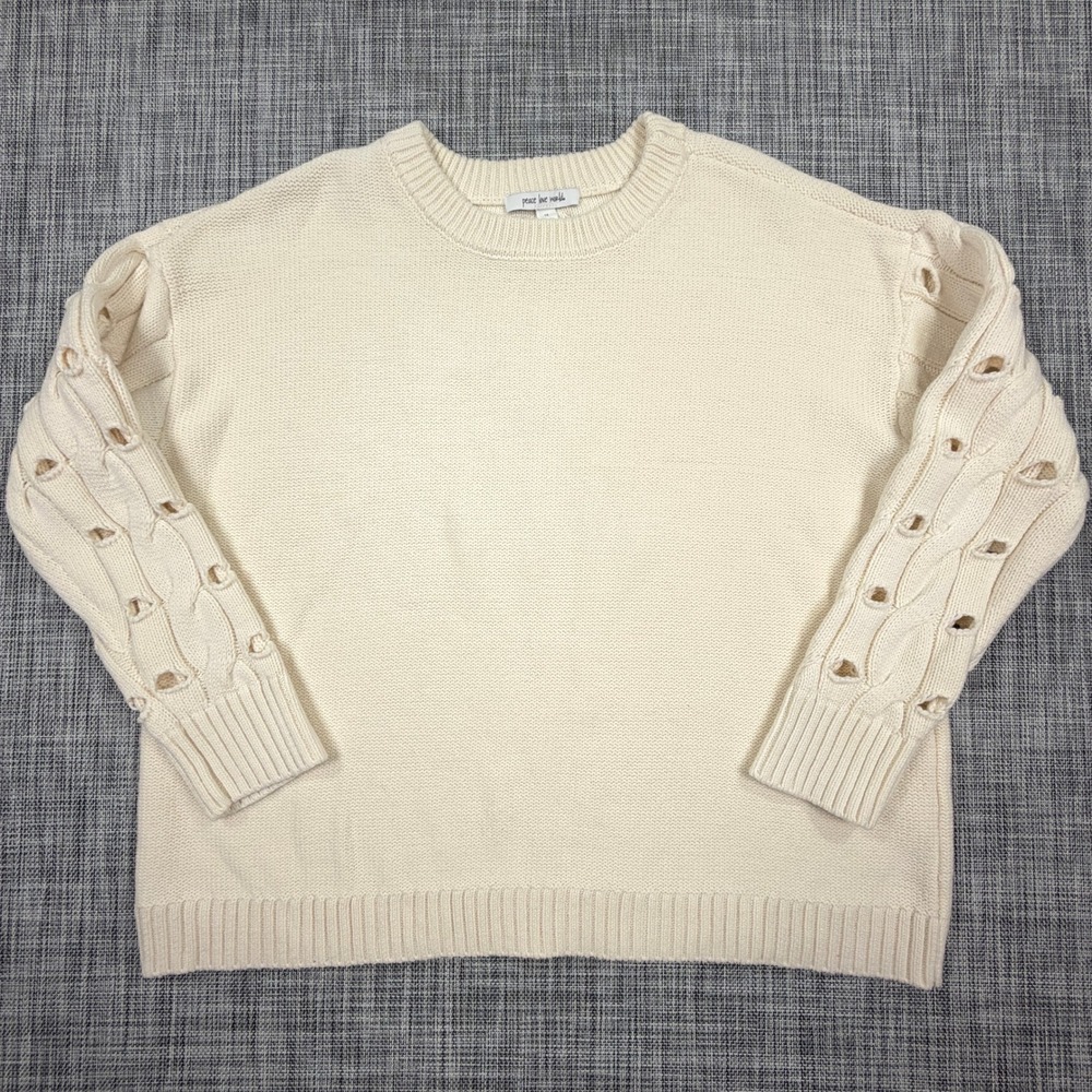 Peace Love World Women 1X Cream Crewneck Sweater Lace-up Braided Sleeve Cotton